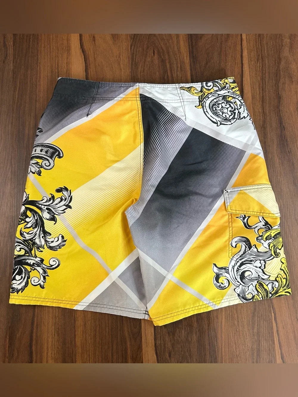 Vintage Y2K OP Men’s Yellow & Gray Baroque-Print Swim Shorts